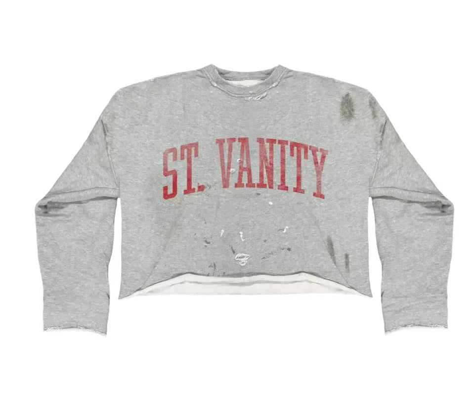 SAINT VANITY Bager Vintage Distressed Crewneck Sweatshirt-Red Lettering