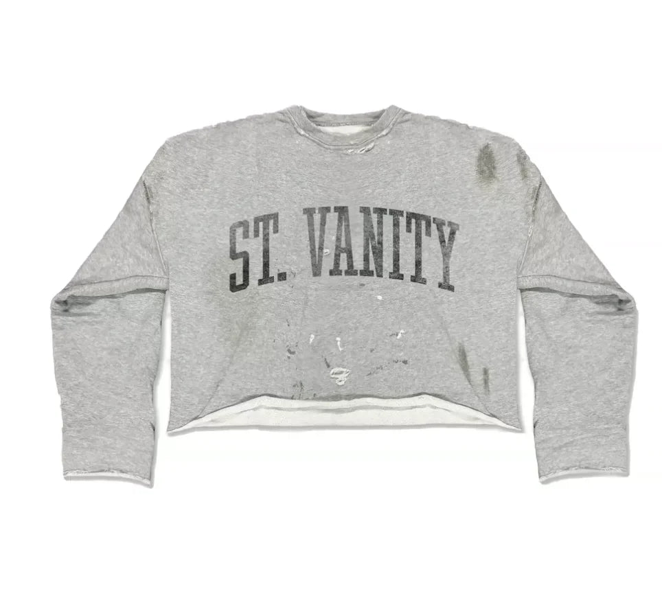 SAINT VANITY Distressed Crewneck Sweatshirt-Black Lettering