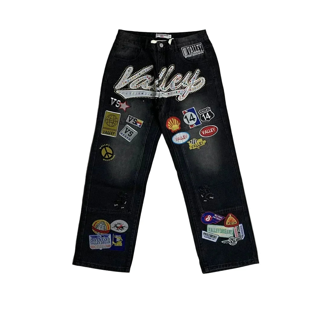 Vale Forever Rhinestone Patchwork Oversized Black Denim Jeans