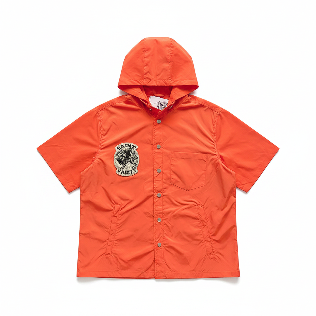 SAINT VANITY Embroidered Orange Short‑Sleeve Hooded Nylon Jacket